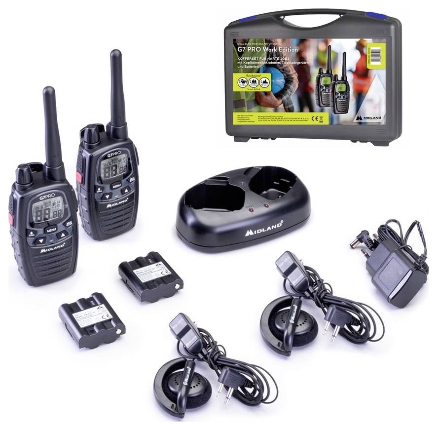 Zwei Funkgeräte mit Batterien, Ladegerät, Netzteile und Headsets. Verpackung zeigt Personen mit Funkgeräten. Modell: G7 PRO Work Edition.