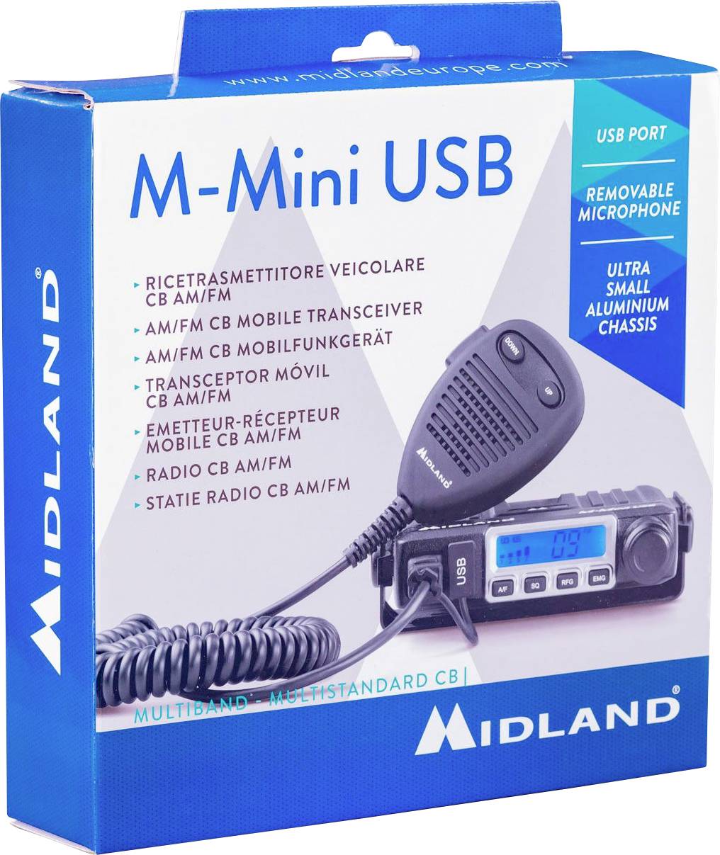 Verpackung eines Midland M-Mini USB CB-Funksystems. Enthält ein Mikrofon und ein Display mit Kanalanzeige. Unterstützt AM/FM-Bänder.