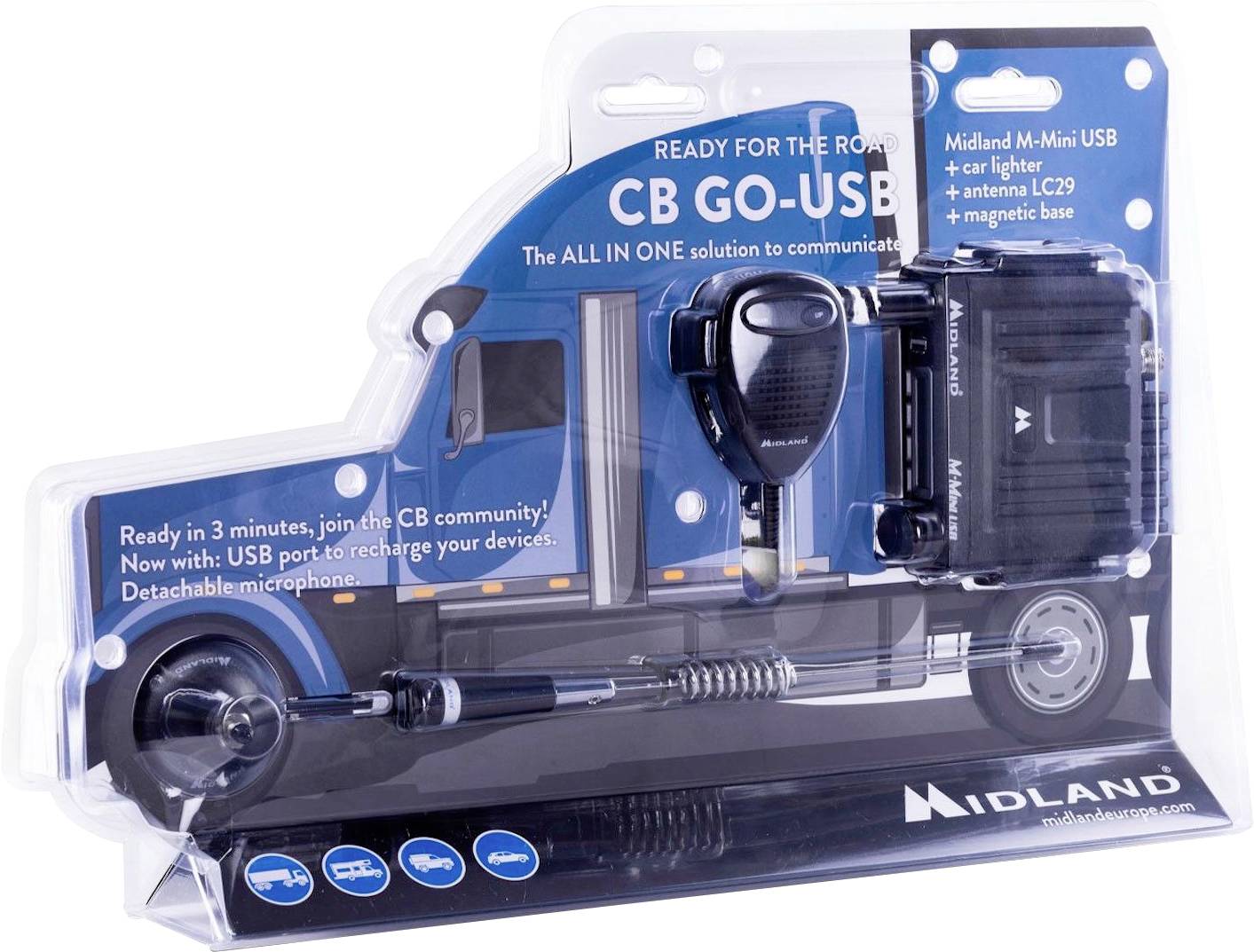 'Verpackung eines Midland CB Go-USB-Kommunikationskits, enthält CB-Funkgerät, Mikrofon, USB-Anschluss und Zubehör, geeignet für unterwegs.'