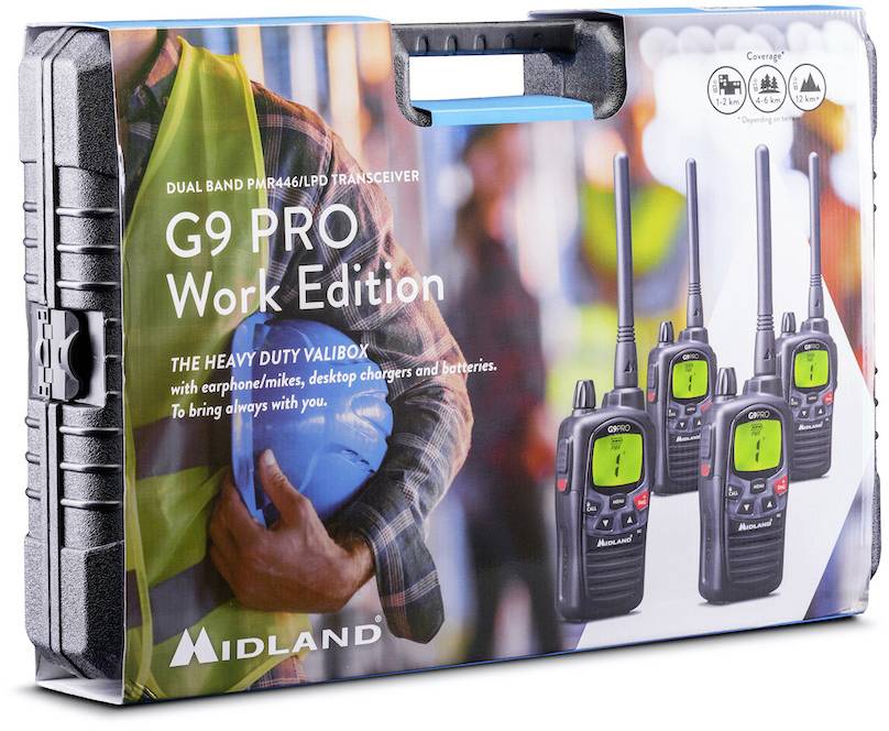 Abgebildet ist ein Koffer mit einem Funkgerät-Set der Marke 'Midland' Modell 'G9 PRO Work Edition', inklusive Zubehör.