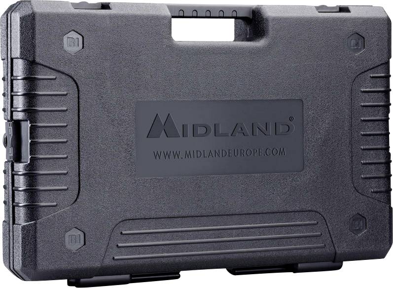 Schwarzer Transportkoffer der Marke 'MIDLAND', kompakt und robust, mit Firmenlogo; geeignet für sicheren Transport von Geräten.