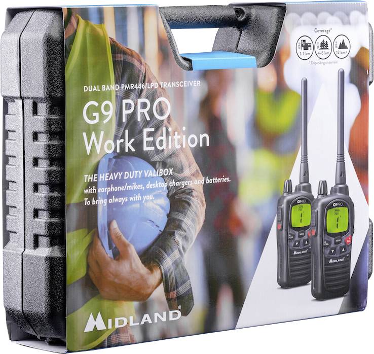 Koffer mit Aufschrift 'G9 PRO Work Edition'. Enthält zwei Funkgeräte von Midland. Abgebildet sind Geräte mit grünen Bildschirmen.