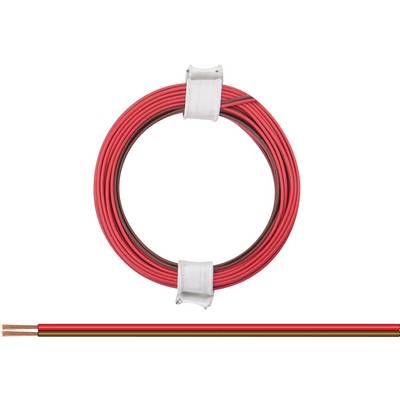 Eine aufgerollte Spule aus rotem Kabel mit zwei weißen Halterungen und ein Abschnitt des Kabels darunter, die Kupferenden sichtbar.