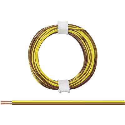 Gelbe und braune isolierte Elektrokabel, aufgerollt und mit zwei weißen Klebebändern fixiert.