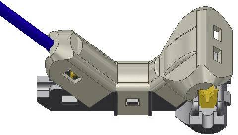 Eine 3D-Darstellung eines mechanischen Teils mit Kabel. Das Teil hat mehrere Winkel und Öffnungen, die auf Verbindung oder Montage hinweisen.