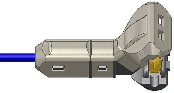 Zeichnung eines Kabels mit einem speziellen Stecker. Der Stecker hat eine rechteckige Form mit abgerundeten Kanten.