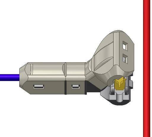 Digitalmodell eines Steckers mit einem blauen Kabel, das in einen Anschluss eingeführt ist. Der Stecker hat einen rechteckigen Körper und eine abgerundete Oberseite.