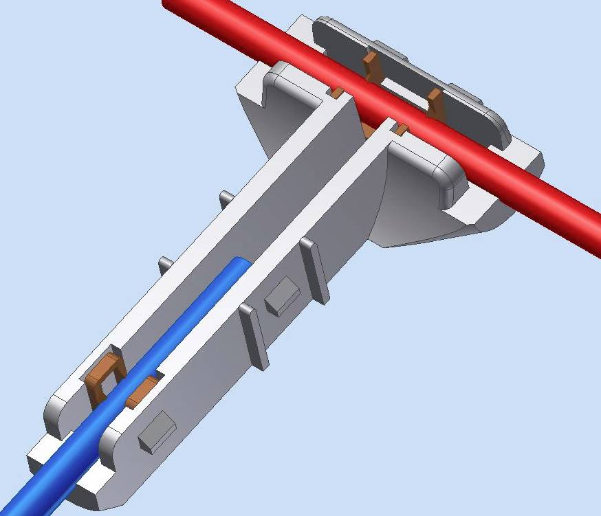 3D-Darstellung eines Steckverbinders mit rotem und blauem Kabel. Der Steckverbinder hat ein komplexes Design mit mehreren Komponenten.