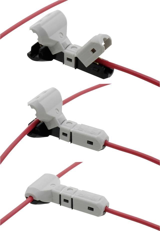 Drei weiße Verbindungsklemmen an roten Kabeln, in verschiedenen Ansichten gezeigt.