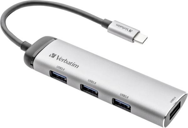 Verbatim 49147 USB-Hub 4 Port USB-A USB 3.2 Gen1 5 GBit/s mit USB-C® Stecker, LED-Anzeige Grau