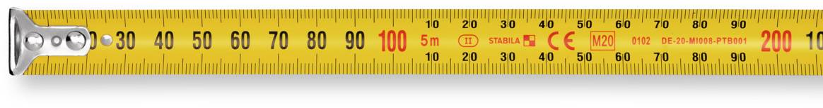 Gelbes Maßband mit schwarzen Zahlen, zeigt Zentimeter von 0 bis 200 an. Markierung bei 100 ist rot hervorgehoben.