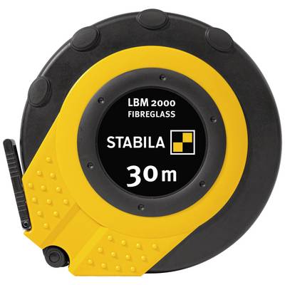 Ein gelbes Stabila-Maßband mit 30 m Länge, Modell LBM 2000 Fibreglass, auf einer schwarzen runden Rolle.