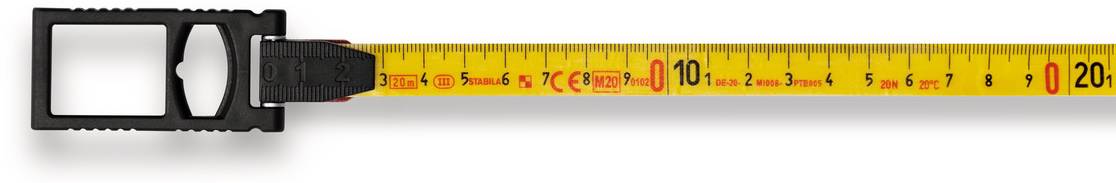 Gelbes Maßband ausgerollt, zeigt Zentimeter-Markierungen bis 20 cm. Links befindet sich ein schwarzes Gehäuse.