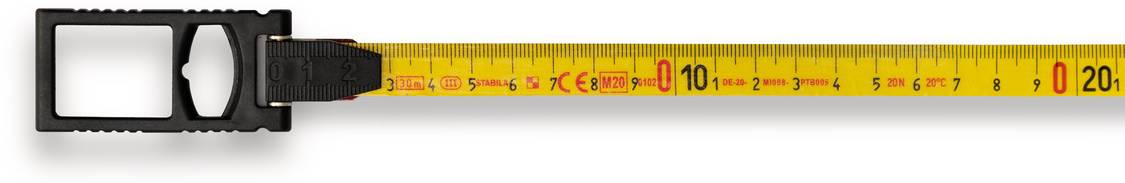 Ein gelbes Maßband mit sowohl Zentimeter- als auch Zollangaben; es zeigt bis zu 20 Zentimeter an. Geeignet für präzises Messen.