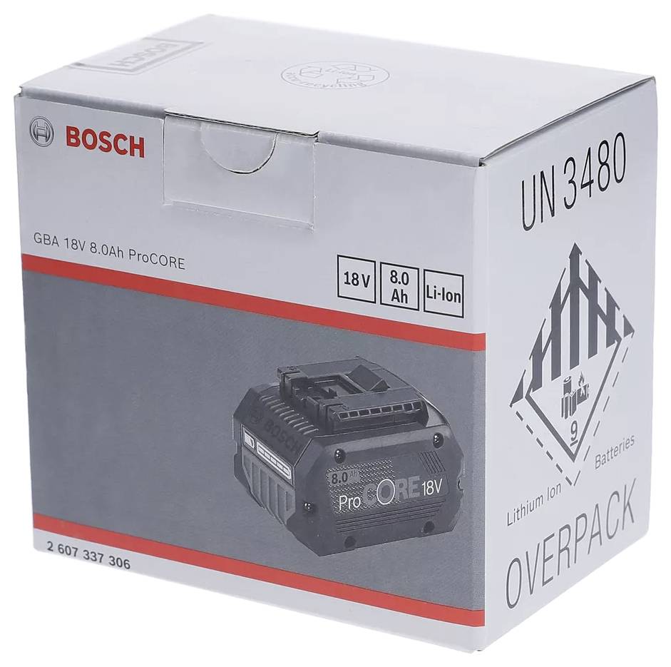 'Bosch GBA 18V 8.0Ah ProCORE Li-Ion Akku' Verpackung zeigt technischen Details und Warnhinweise für Lithium-Ionen-Batterien.
