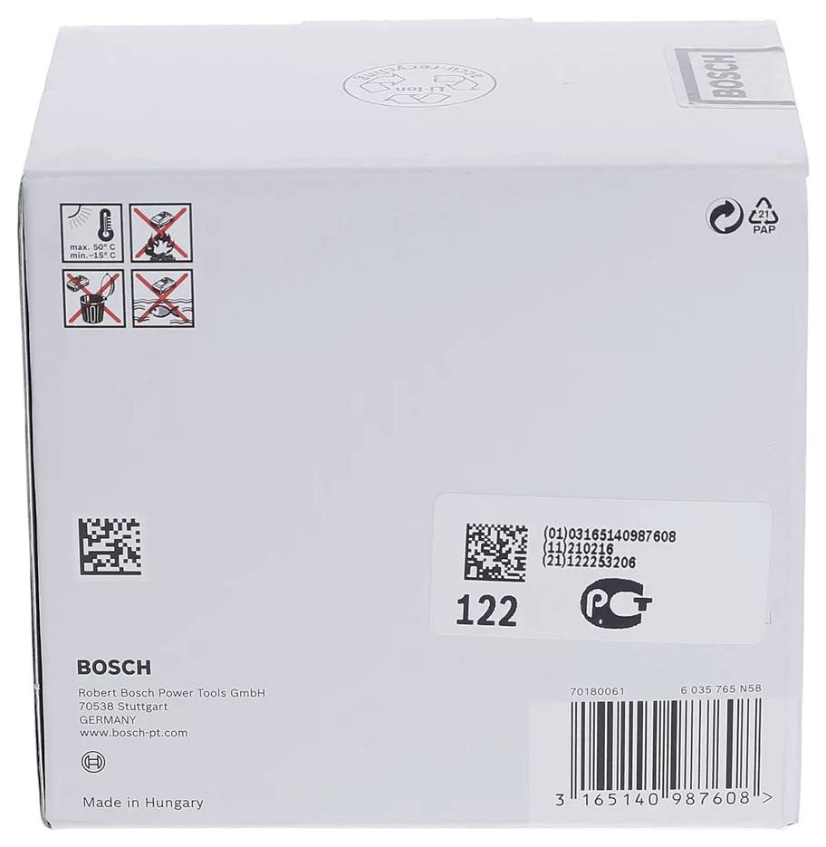 Graue Verpackung mit dem Aufdruck 'BOSCH'. Oben links sind Warnhinweise und Pflegeanweisungen in Piktogrammen abgebildet. 