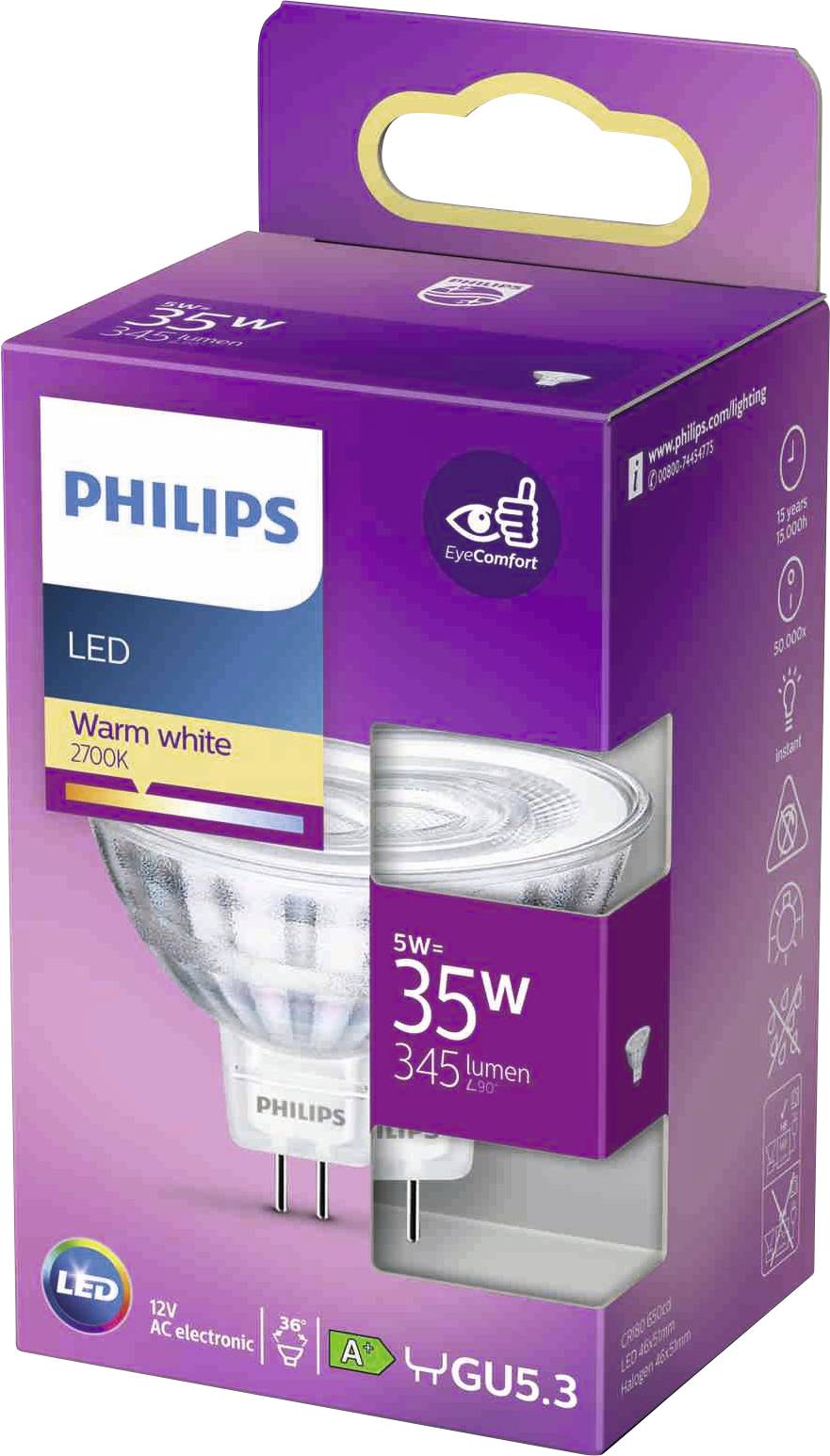 Eine Verpackung für eine Philips LED-Lampe 'Warm white 2700K'. 5W, 35W Äquivalent, 345 Lumen, GU5.3-Sockel, 'EyeComfort'-Siegel.