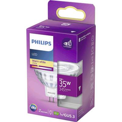 Eine Verpackung für eine Philips LED-Lampe 'Warm white 2700K'. 5W, 35W Äquivalent, 345 Lumen, GU5.3-Sockel, 'EyeComfort'-Siegel.