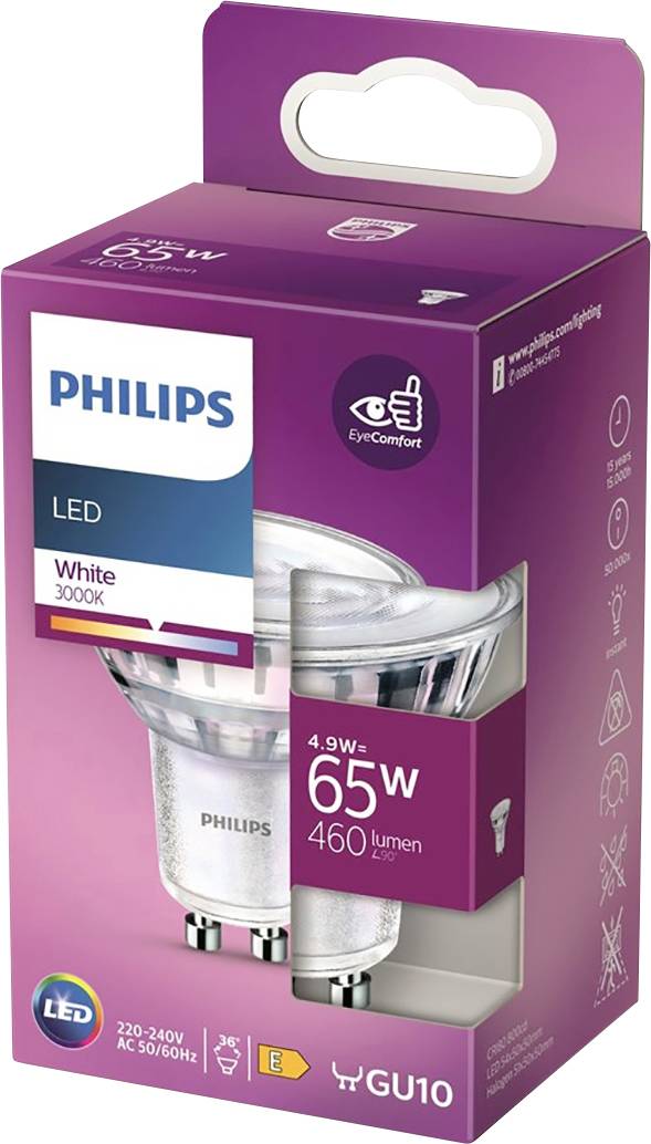 Eine Philips LED-Glühbirne im Karton, warmweiß mit 3000K, 4,9W und 65W Äquivalent, 460 Lumen, GU10-Fassung, EyeComfort-Feature.