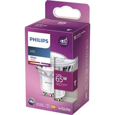 Eine Philips LED-Glühbirne im Karton, warmweiß mit 3000K, 4,9W und 65W Äquivalent, 460 Lumen, GU10-Fassung, EyeComfort-Feature.