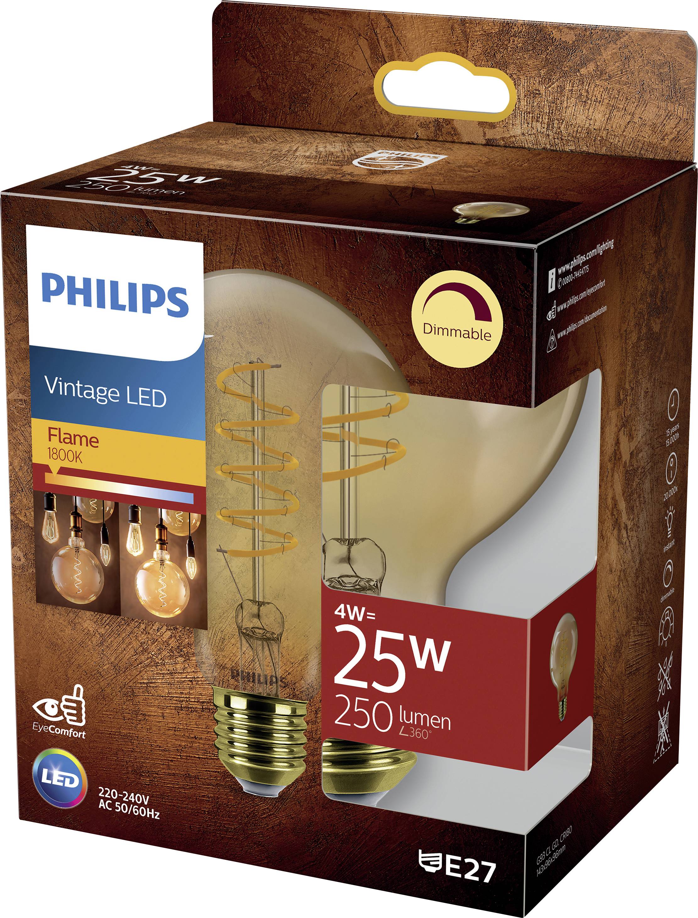 Eine Philips Vintage LED 4W Glühbirne, dimmbar, mit 250 Lumen und warmem 1800K Licht. Verpackung in Retro-Stil.