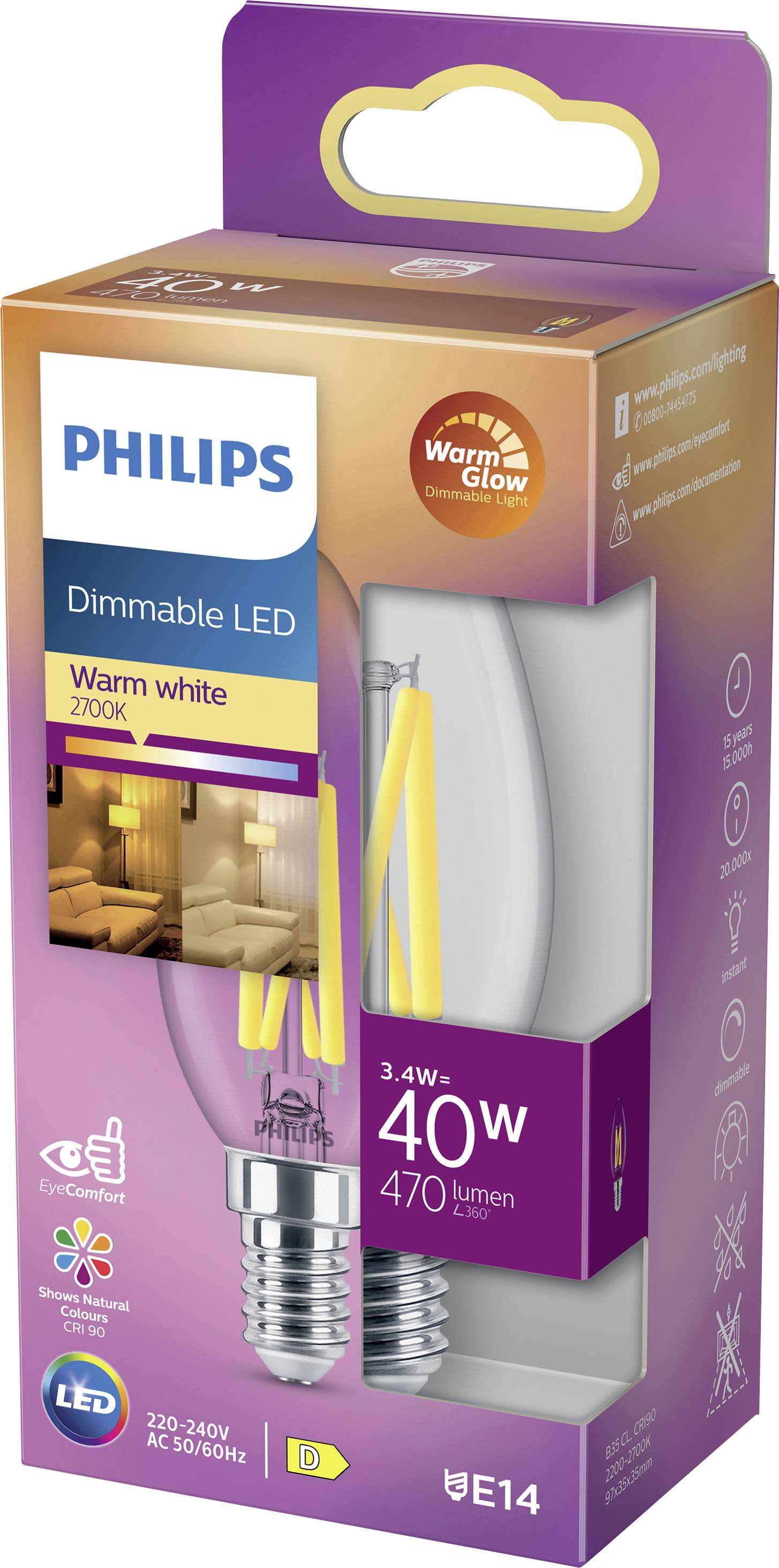 PHILIPS Lighting 871951432421300 LED EEK D (A - G) E14 Kerzenform 3.4 W = 40 W Warmweiß (Ø x L)