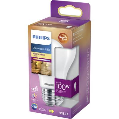 Philips dimmbare LED-Glühbirne, warmweiß, 10,5 W, 1521 Lumen, ersetzt 100 W. E27-Fassung, Verpackung in Lila und Orange.
