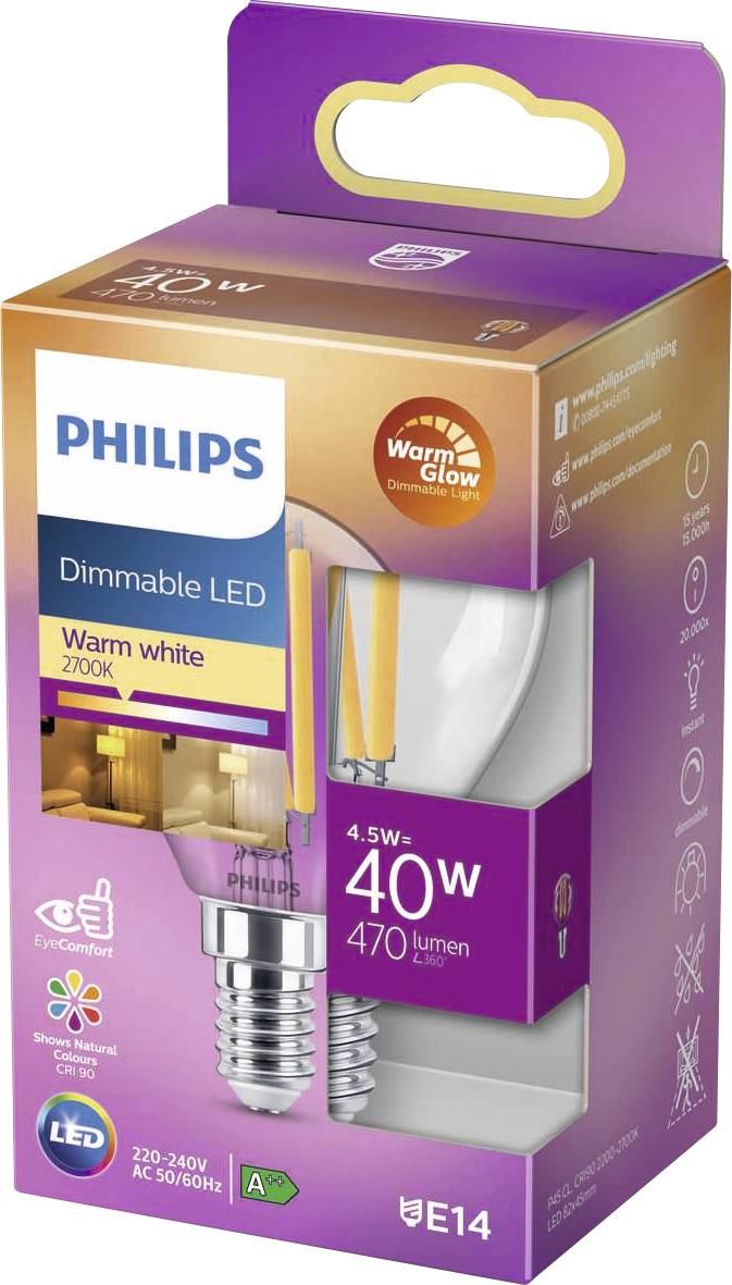 Verpackung einer dimmbaren LED-Glühbirne von Philips. Details: 4.5W, ersetzt 40W, warmweiß 2700K, 470 Lumen, E14 Sockel.