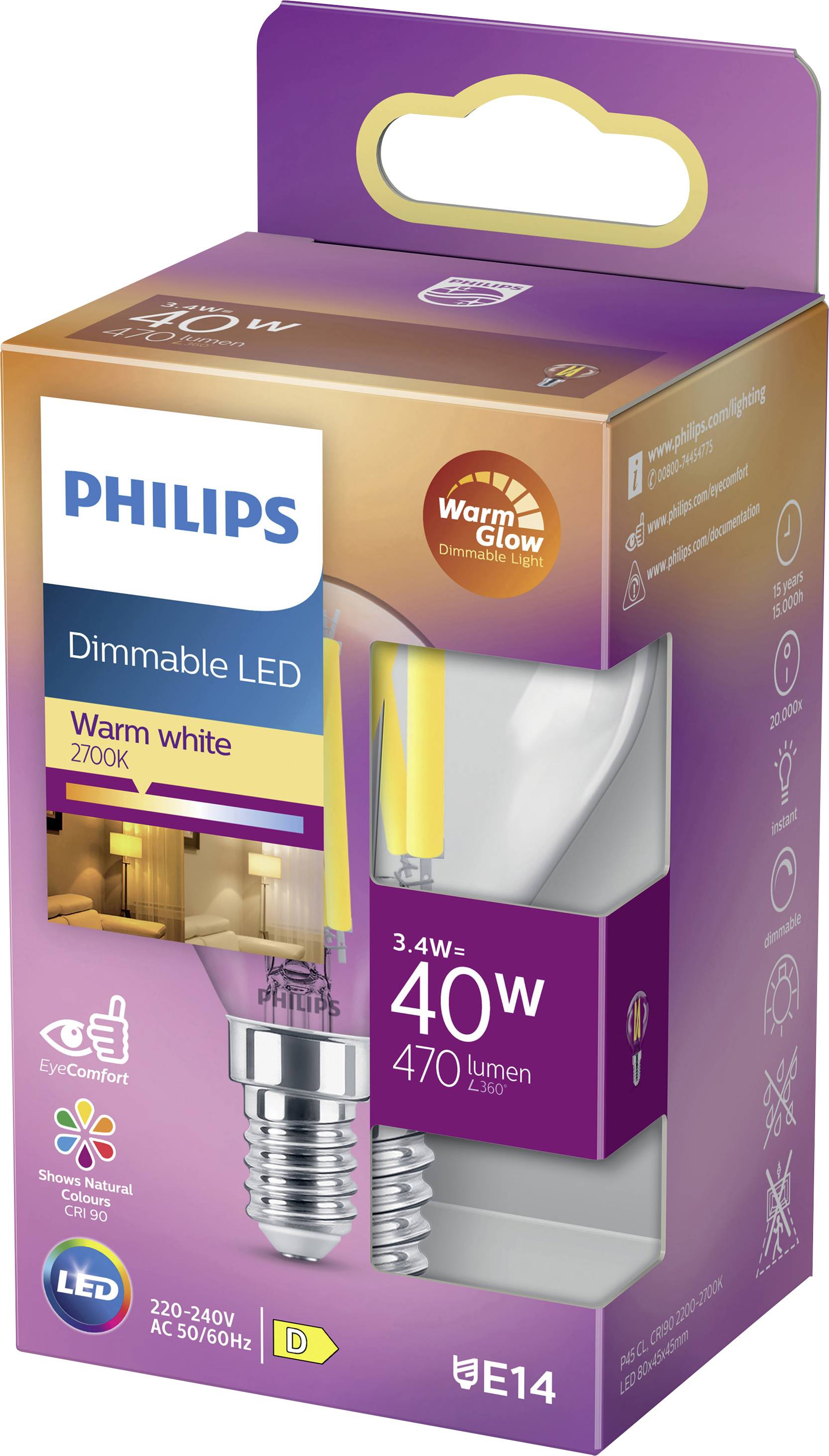 Verpackung einer Philips dimmbaren LED-Lampe, 40W, E14-Sockel, Warmweiß 2700K, 470 Lumen, mit WarmGlow-Funktion und Augenschonung.