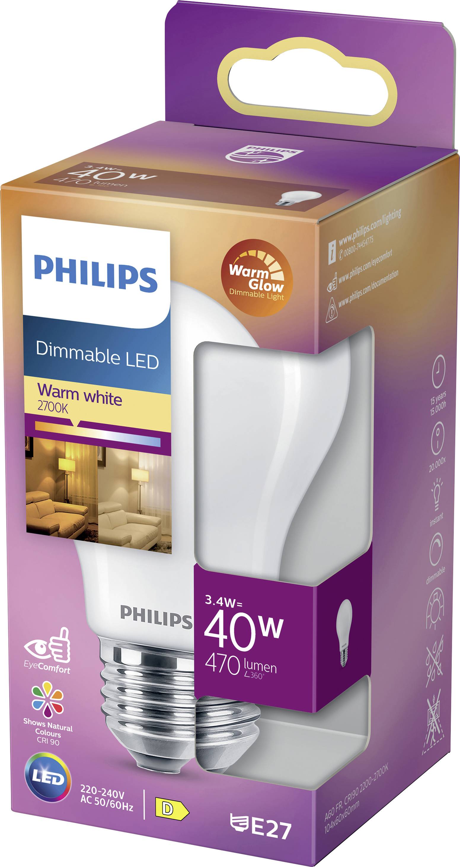 Verpackung einer dimmbaren Philips LED-Glühbirne, warmweiß, 470 Lumen, E27-Sockel, ersetzt 40W, 'Warm Glow'-Funktion.