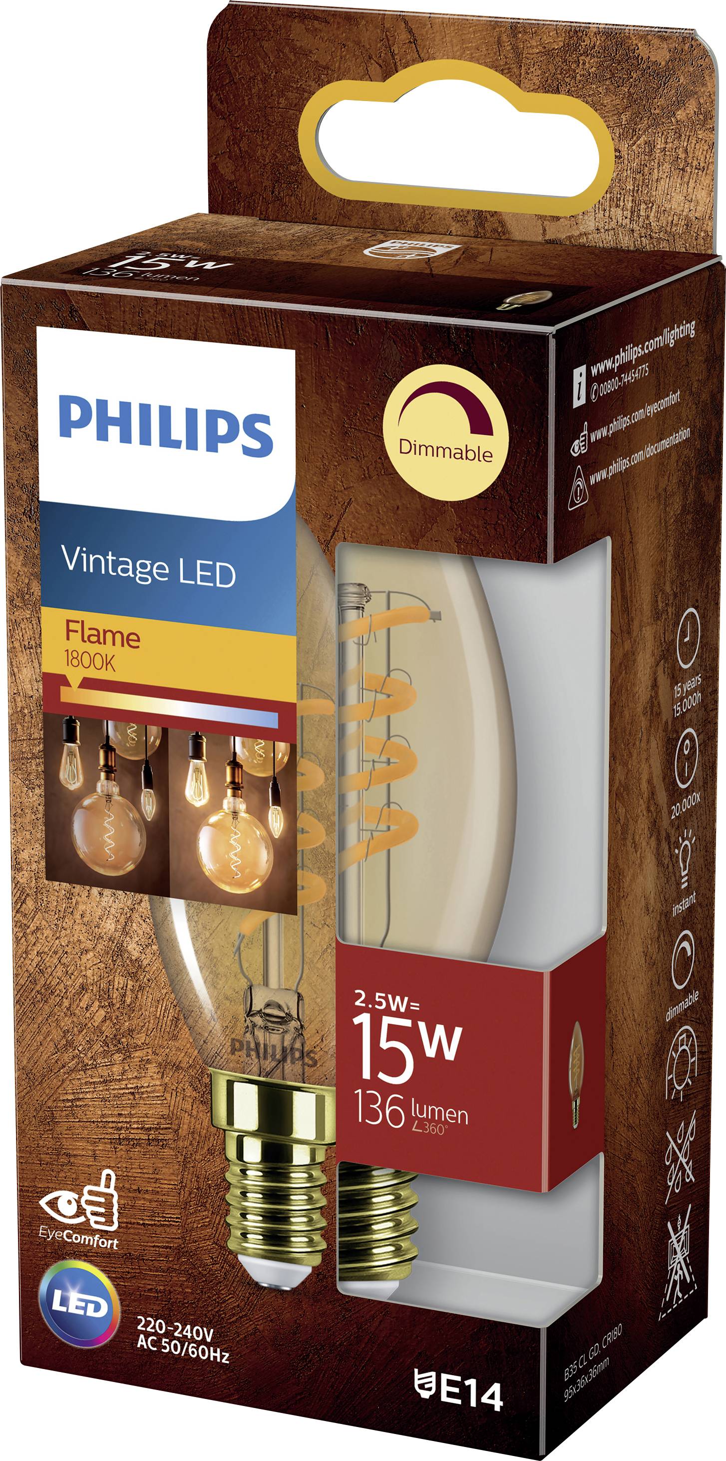 'Philips Vintage LED Flame 1800K', dimmbare LED-Glühbirne mit 2,5 W, 136 Lumen, Sockel E14. Verpackung mit Produktbild und Herstellerlogo.