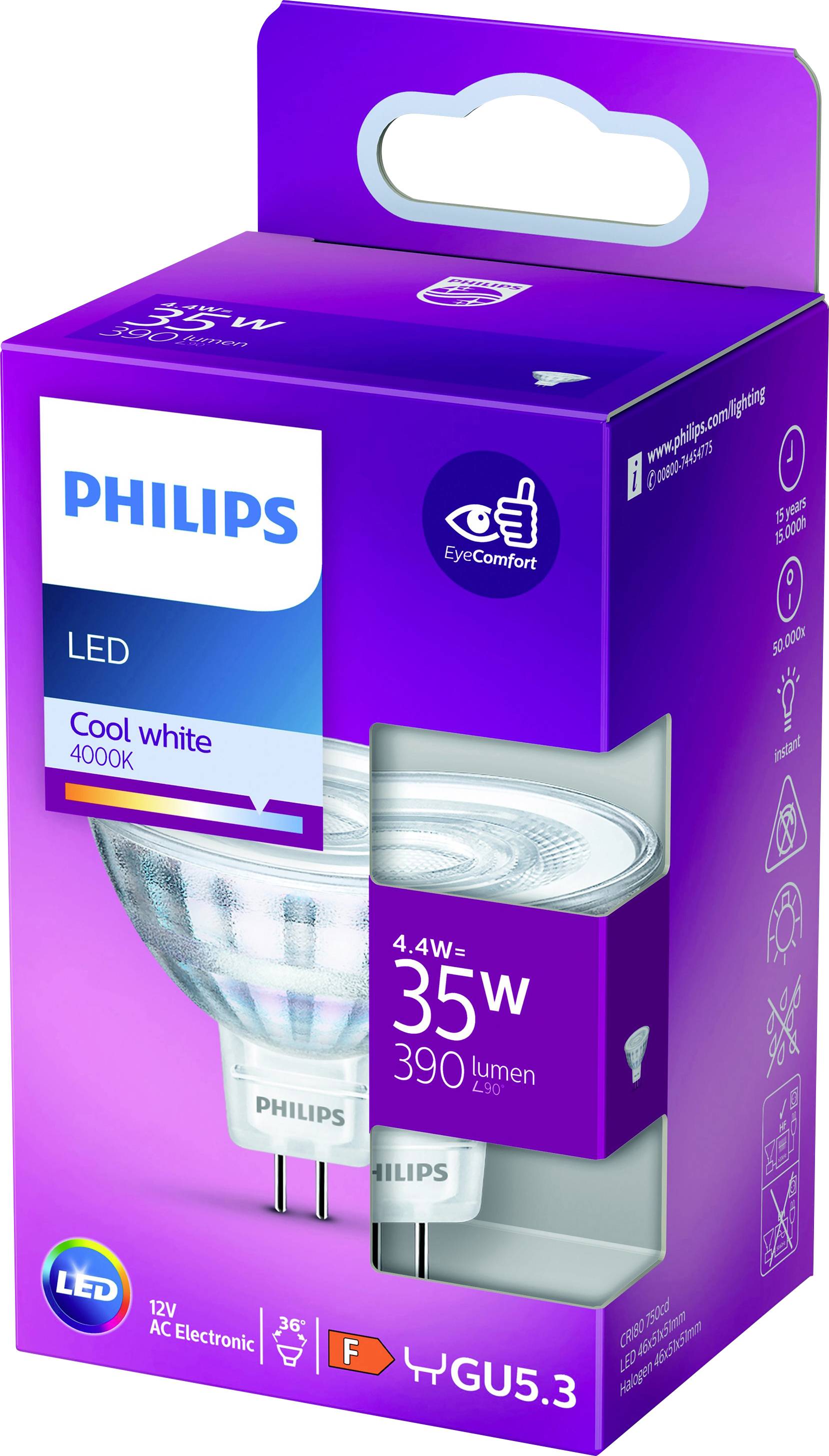 Die Packung einer Philips LED-Lampe zeigt die wichtigsten Spezifikationen: 4,4W Leistung, 35W Äquivalent, 390 Lumen, 4000K, GU5.3 Sockel.