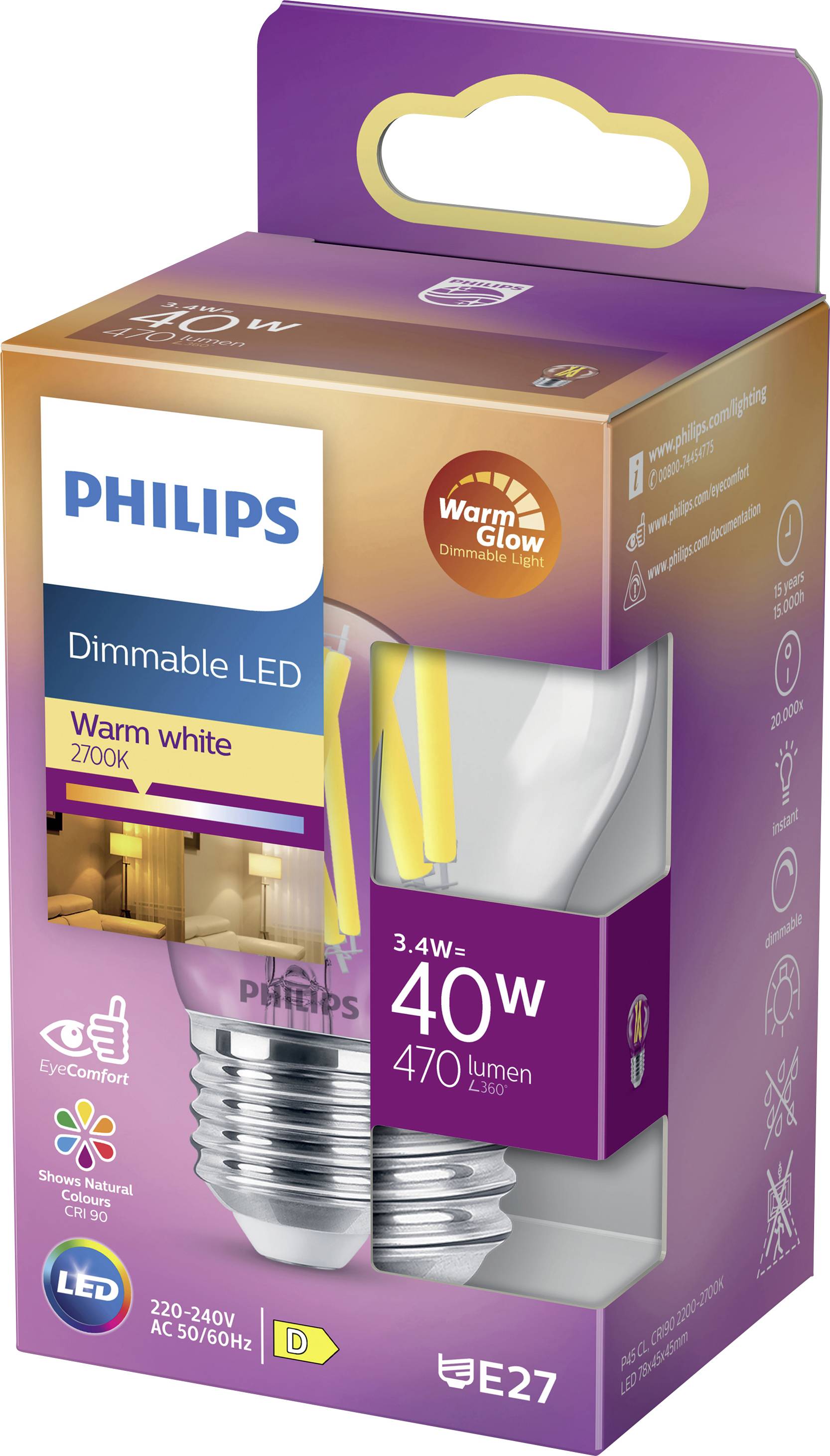 Verpackung einer dimmbaren Philips LED-Lampe, warmweiß 2700K, 3,4W-40W, 470 Lumen, E27 Sockel, mit 'Warm Glow' Effekt.