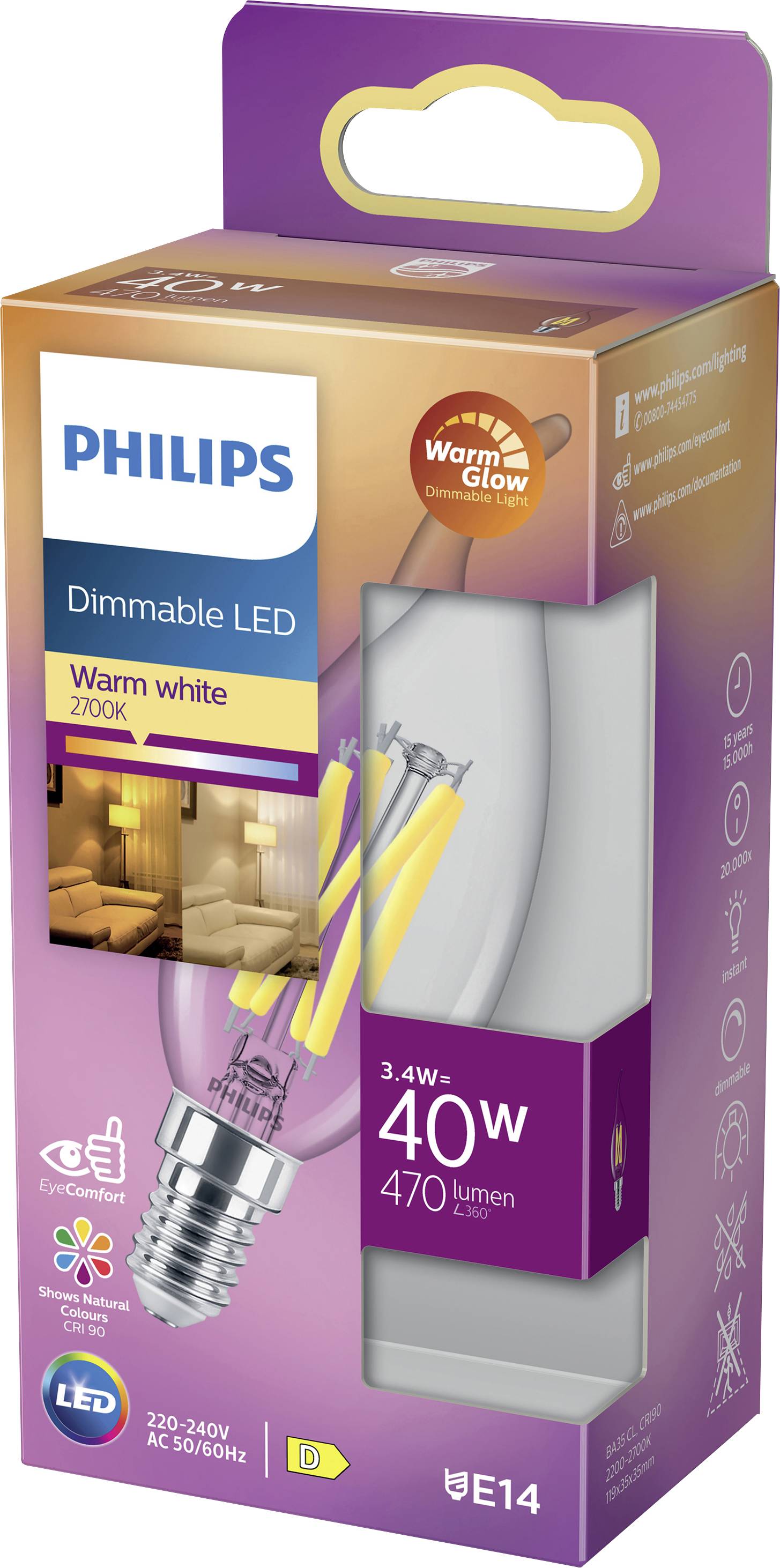 'Philips dimmbare LED-Glühbirne, E14, 3,4W, 40W-Ersatz, warmweiß 2700K, 470 Lumen. Energieeffizient und für gemütliche Beleuchtung geeignet.'