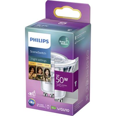 Philips LED-Lampe (5W, 50W Äquivalent), GU10, SceneSwitch mit 3 Lichtmodi: 2200K, 2500K, 2700K. Energieklasse A+, 345 Lumen.