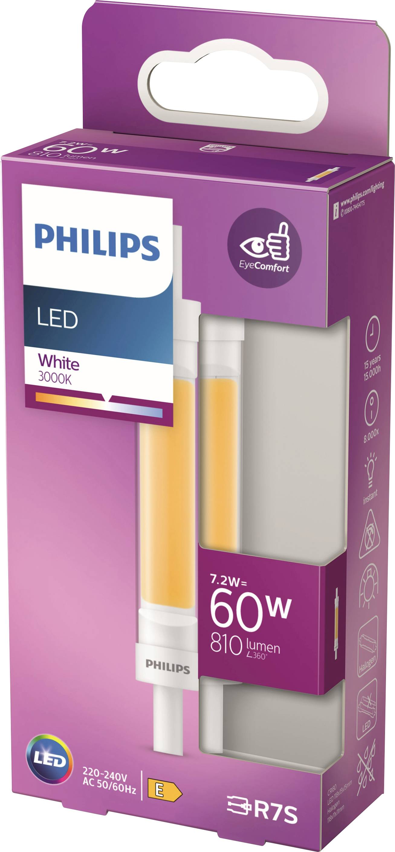 Die Verpackung einer Philips LED-Lampe, 7,2W, ersetzt 60W, 810 Lumen, warmweiß 3000K, Energieeffizienzklasse E, 'EyeComfort'-Merkmal.