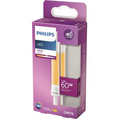 Die Verpackung einer Philips LED-Lampe, 7,2W, ersetzt 60W, 810 Lumen, warmweiß 3000K, Energieeffizienzklasse E, 'EyeComfort'-Merkmal.