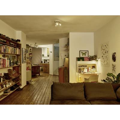 Gemütliches Wohnzimmer mit Holzboden, Bücherregal und Schreibtisch. Im Hintergrund eine offene Küche mit warmem Licht.
