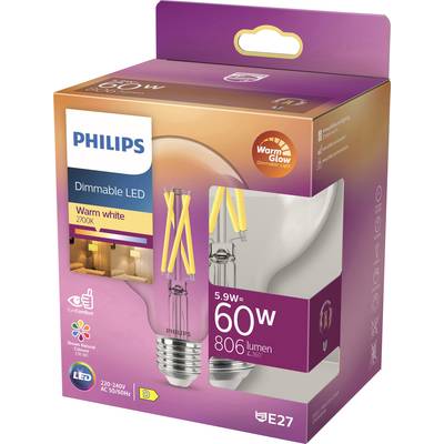 Philips dimmbare LED-Lampe, 5,9W (entspricht 60W), warmweißes Licht mit 2700K, 806 Lumen, E27-Sockel, für gemütliche Beleuchtung.