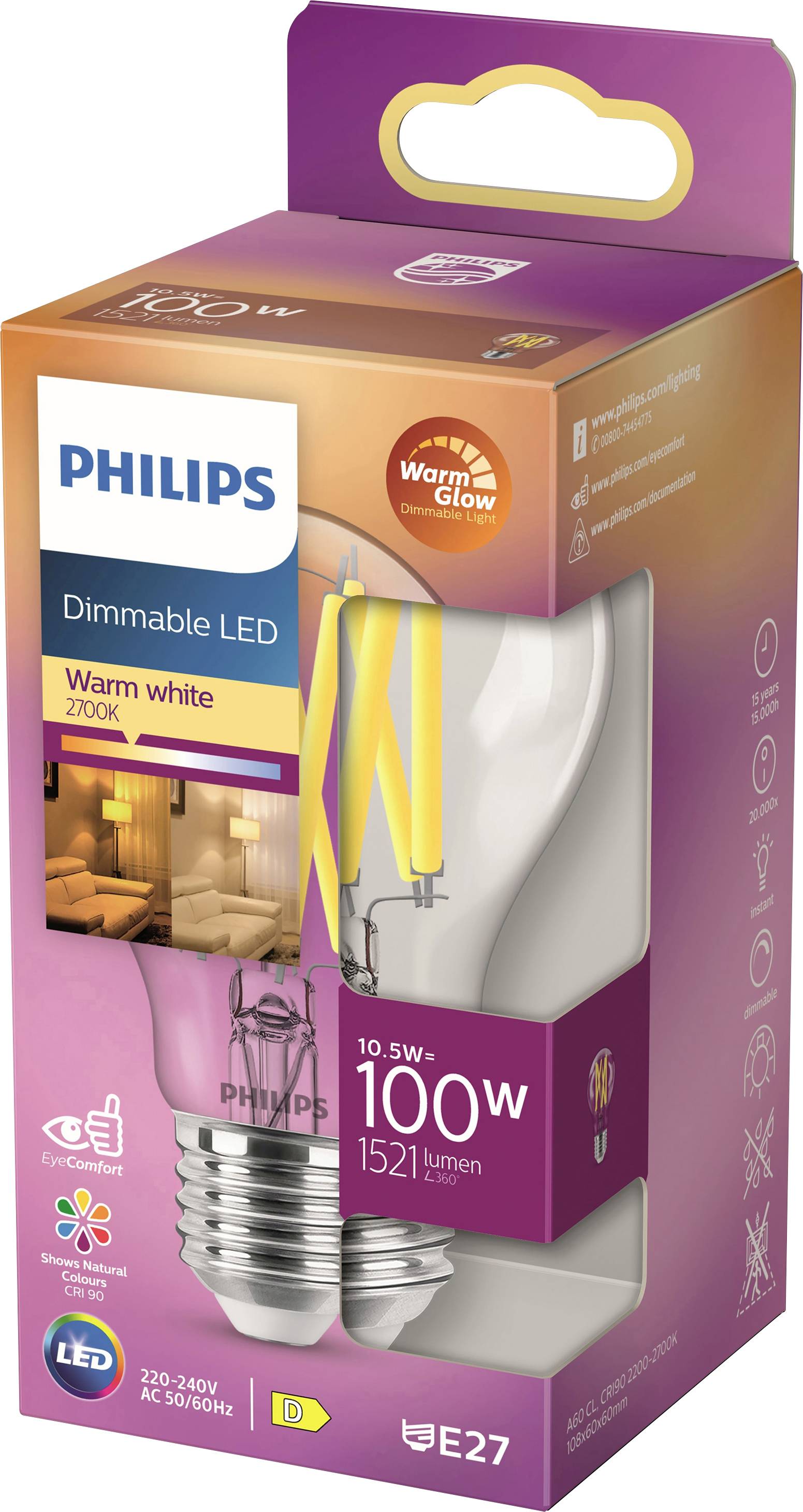 Philips dimmbare LED-Glühbirne, warmweiß, 100W Ersatz, 1521 Lumen, E27 Fassung, abgebildet mit Verpackung.