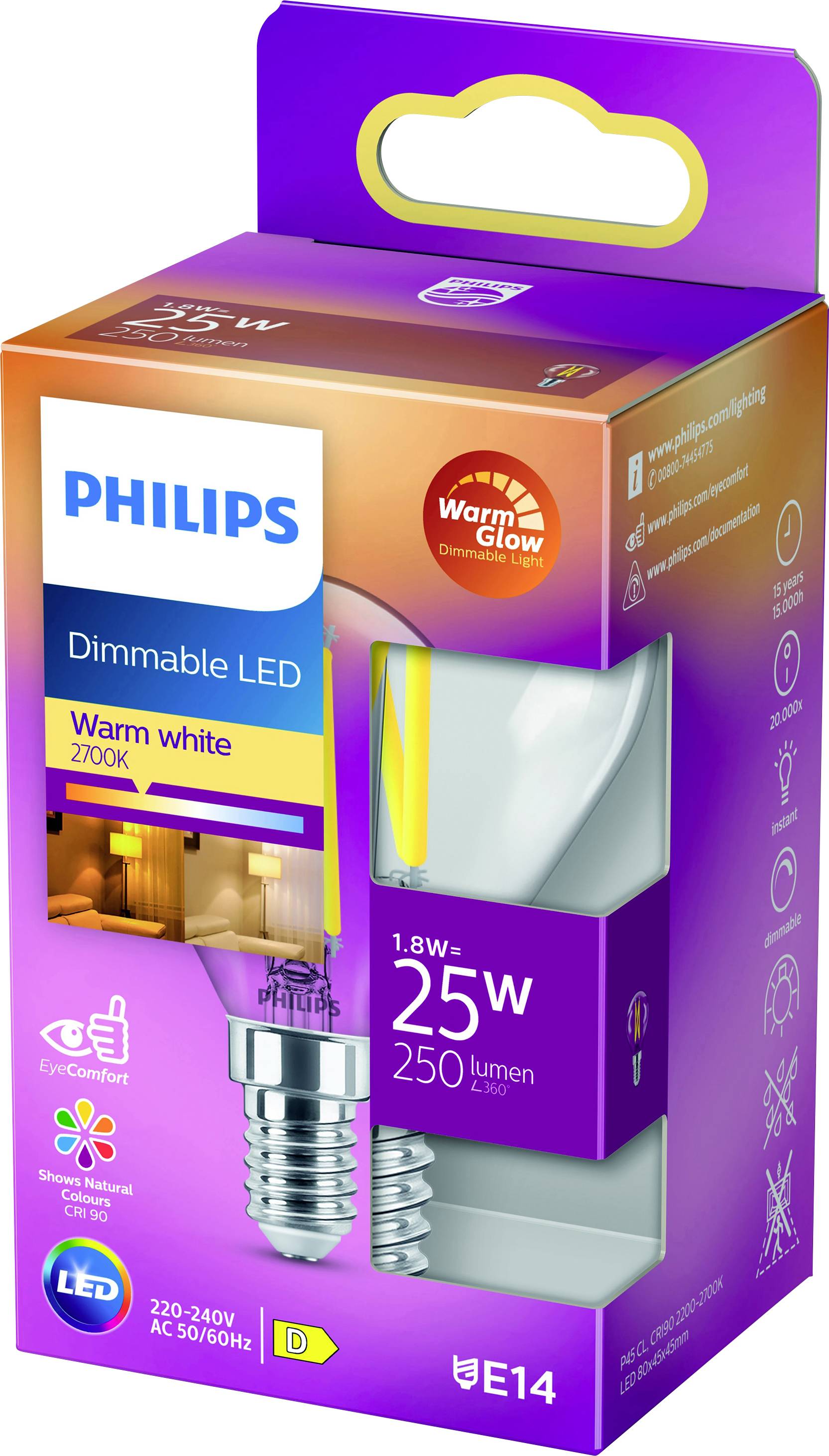 LED-Birnen-Verpackung von Philips mit der Aufschrift 'Warm white, 2700K, Dimmable LED, 25W, 250 Lumen, E14'.