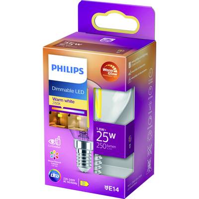 LED-Birnen-Verpackung von Philips mit der Aufschrift 'Warm white, 2700K, Dimmable LED, 25W, 250 Lumen, E14'.