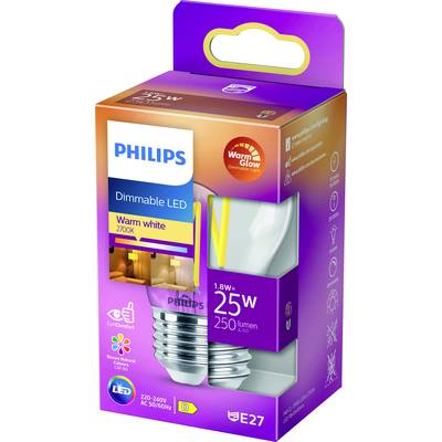 Die Verpackung zeigt eine dimmbare LED-Glühbirne von Philips mit warmweißem Licht, 1,8 W Leistung, 25 W Ersatz, 250 Lumen, E27 Fassung.