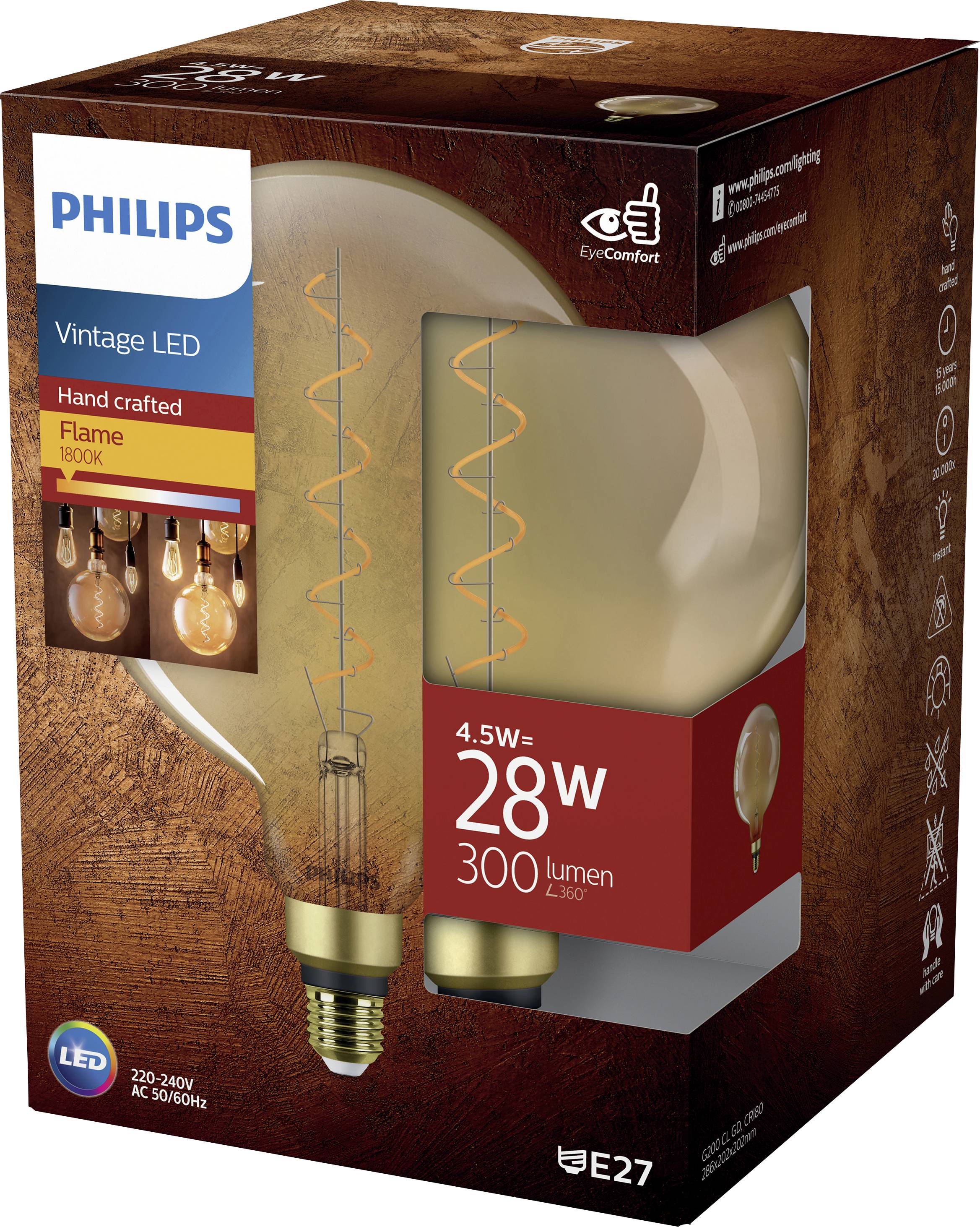 Die Verpackung zeigt eine Philips Vintage LED Glühbirne mit 4,5 W, 28 W Äquivalent, 300 Lumen und warmweißer Lichtfarbe (2000 K).