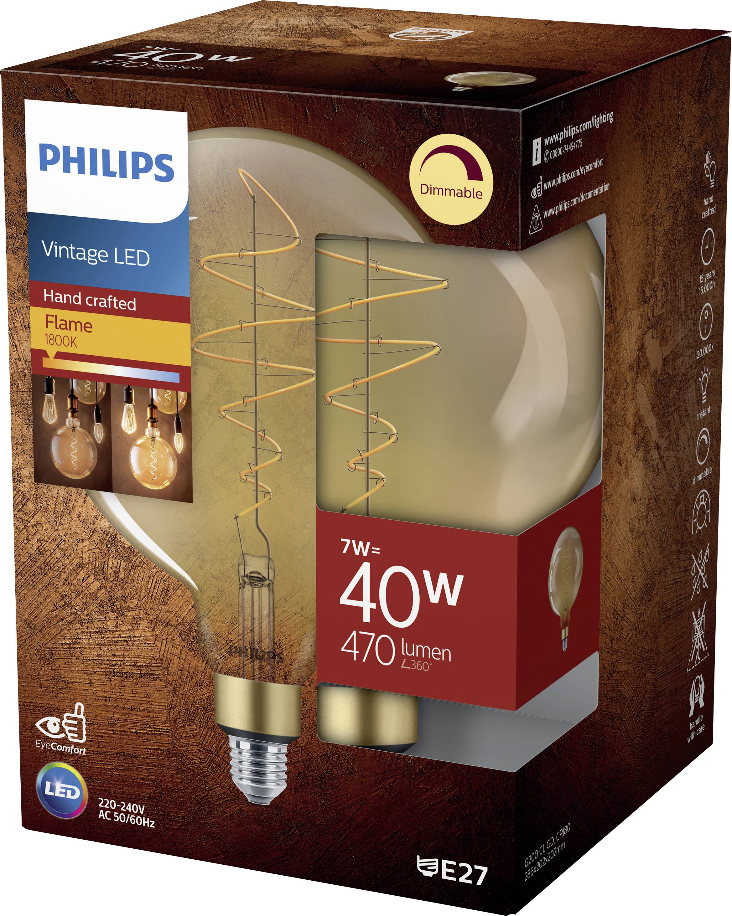 Verpackung einer Vintage LED-Glühbirne von Philips. 7W, entspricht 40W, 470 Lumen, warmes, flammenartiges Licht, E27-Fassung, dimmbar.