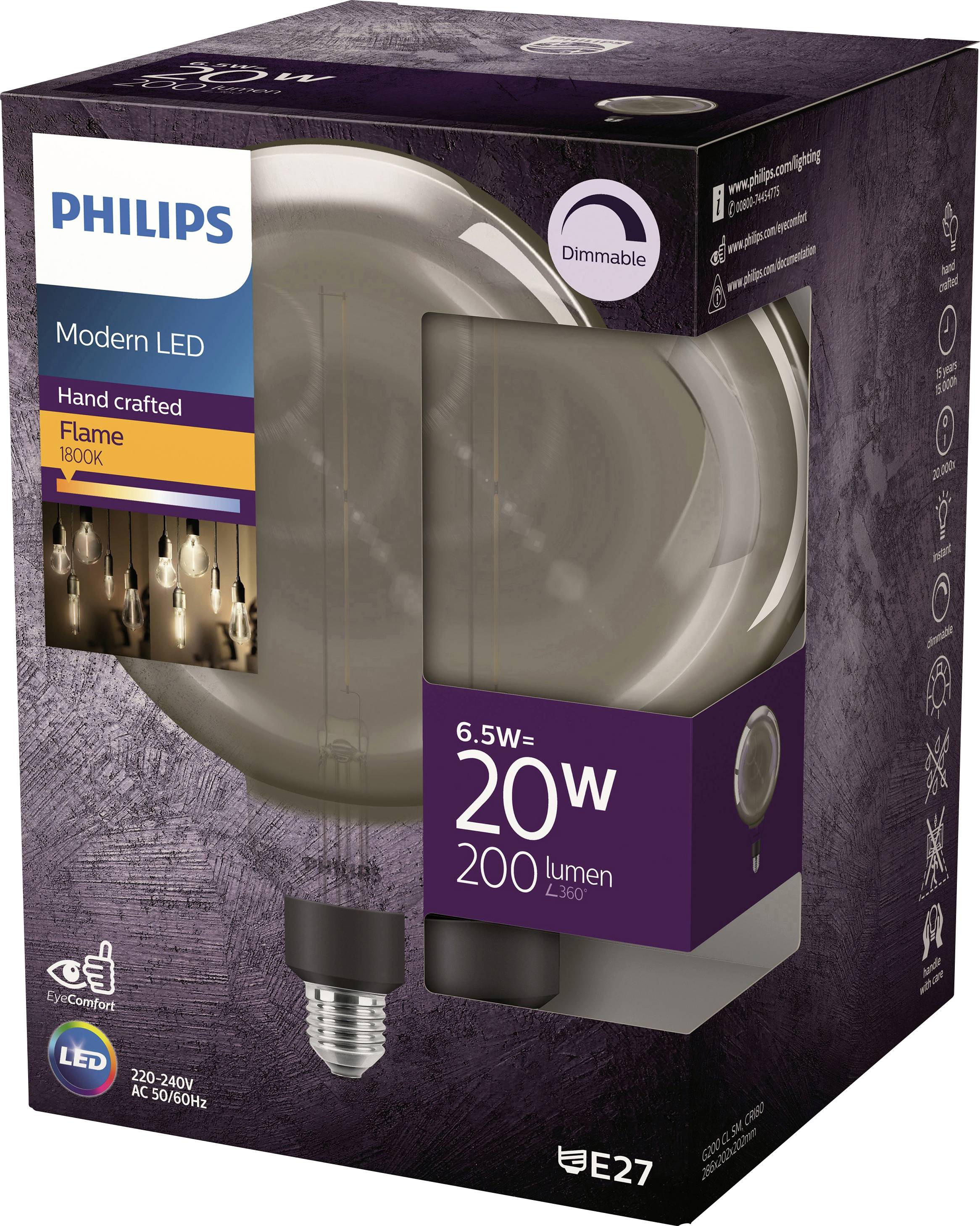 Glühbirnenverpackung von Philips, Modell 'Modern LED', 6,5W ersetzt 20W, dimmbar, Lichtfarbe 'Flame', E27-Sockel, 200 Lumen.