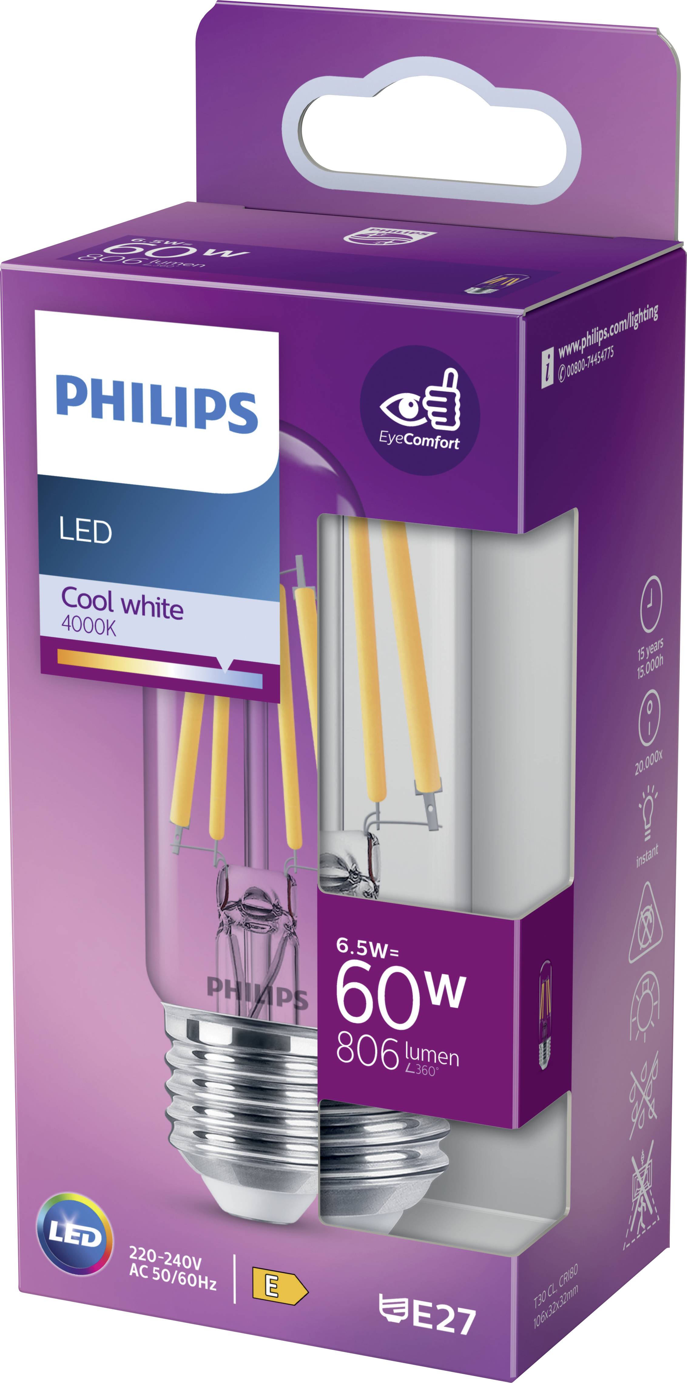Eine lila Verpackung einer Philips LED-Glühbirne, 6,5 W, ersetzt 60 W, 806 Lumen, Farbtemperatur 4000K, Sockel E27.