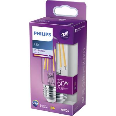 Eine lila Verpackung einer Philips LED-Glühbirne, 6,5 W, ersetzt 60 W, 806 Lumen, Farbtemperatur 4000K, Sockel E27.