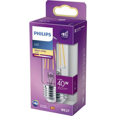 LED-Glühbirne von Philips in einer Verpackung. Bezeichnung: 'Warm white 2700K', Lichtleistung: 450 Lumen, vergleichbar mit 40W. E27-Fassung.