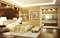 Ein modernes Schlafzimmer mit einem großen Bett, Nachttischen und einem Regal an der Wand. Im Hintergrund ein Badezimmer mit Glasfront.
